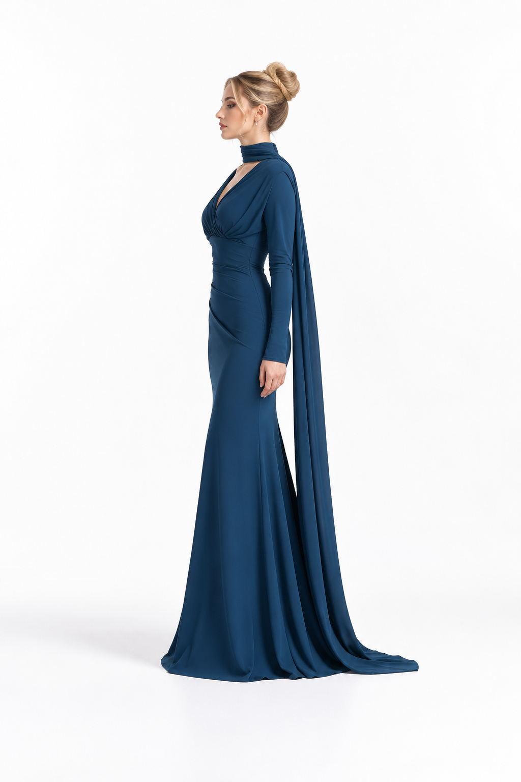 Ruched V-Neck Scarf Evening Gown - Ocevara