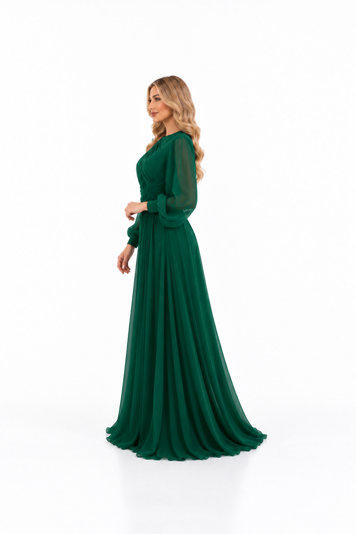 Draped Waist Chiffon Evening - Emeraldine