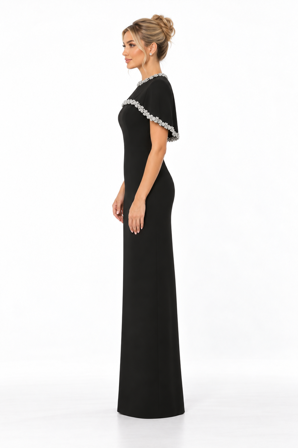 Embellished Cape Neck Column Maxi Dress – Celestine
