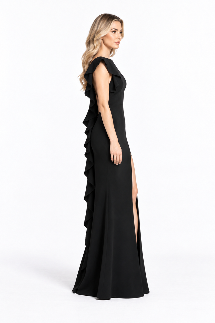 Black Ruffle Shoulder Slit Maxi Dress - Vivienne