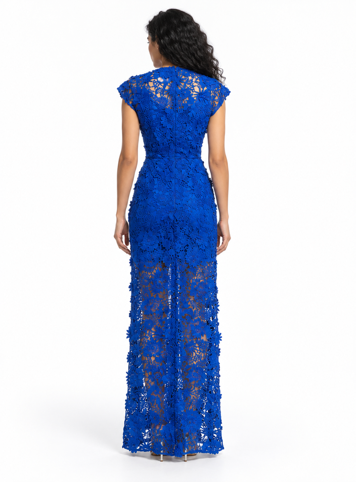 Floral Lace Slit Evening Gown - Cobalisse