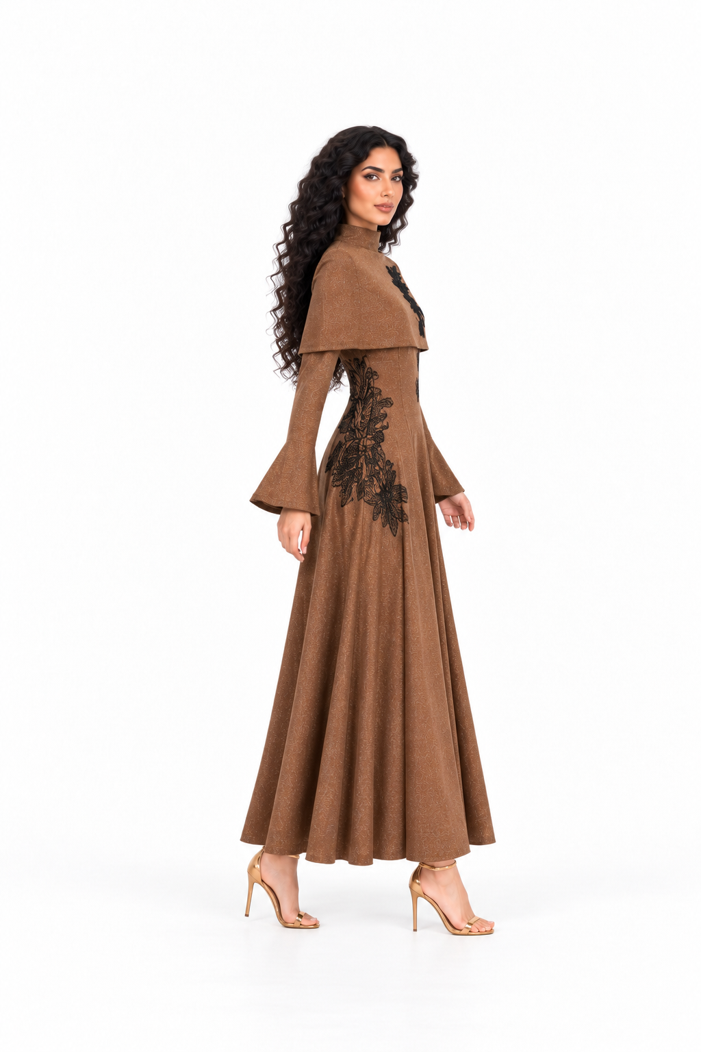 Embroidered Cape Overlay Midi Dress - Mochaire