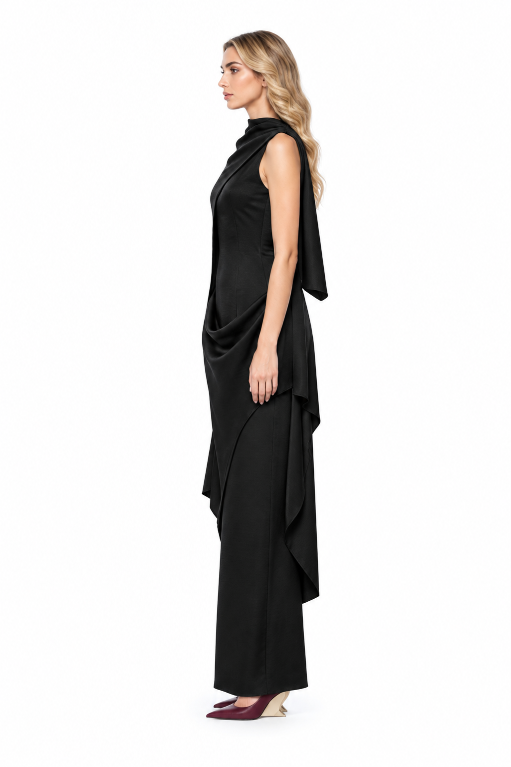 Asymmetric Draped One-Sleeve Evening Gown - Obsidienne