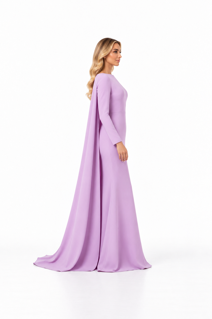 Long-sleeve cape gown with fitted waist – ODD- AMETHYST