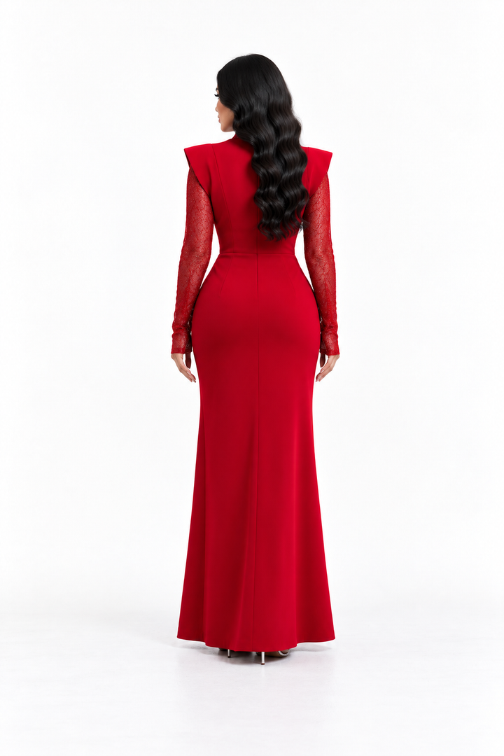 Lace High Neck Slit - Scarlet
