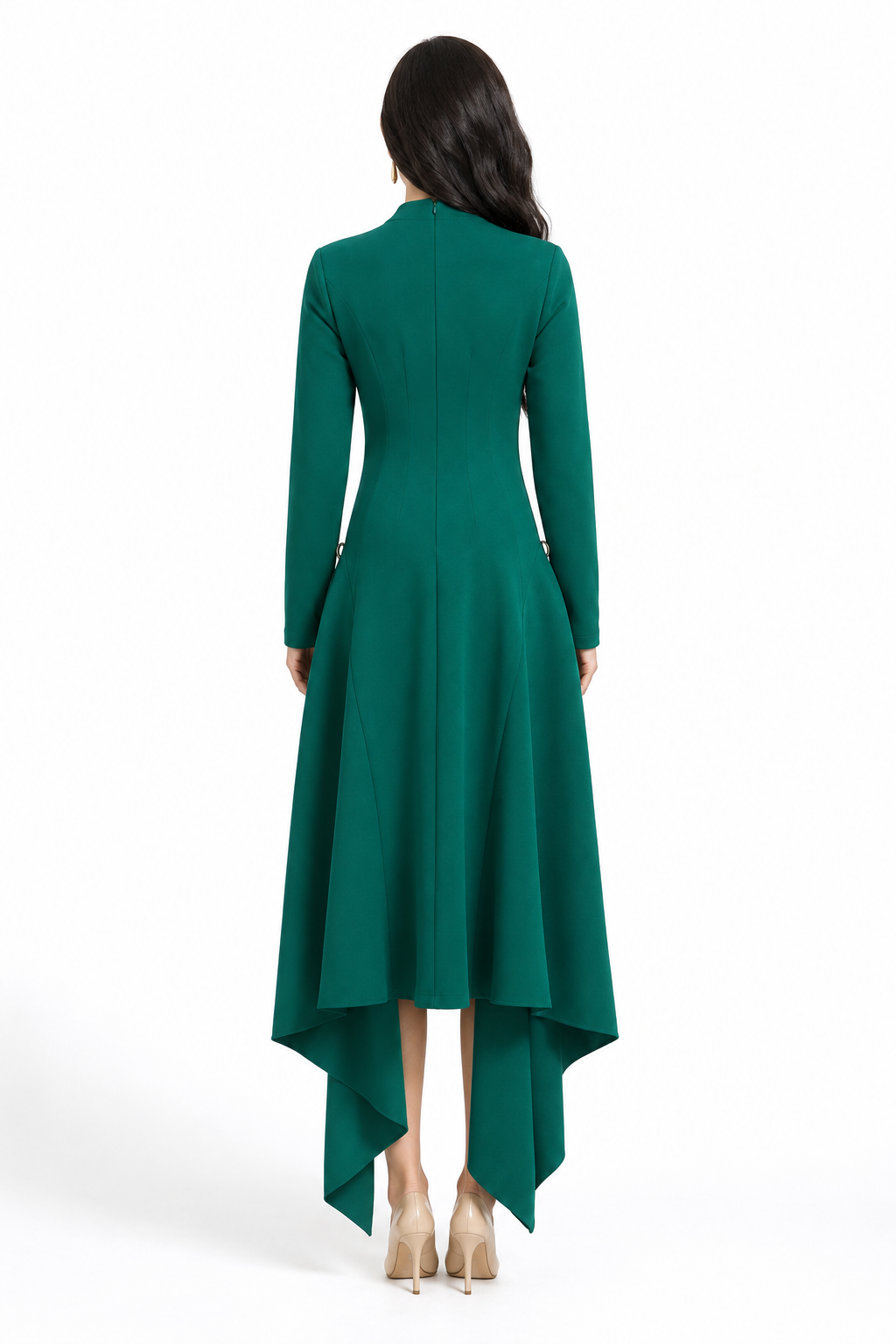 long-sleeve asymmetrical gown with draped back panel – EMERALDA