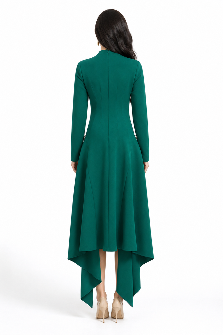 long-sleeve asymmetrical gown with draped back panel – EMERALDA