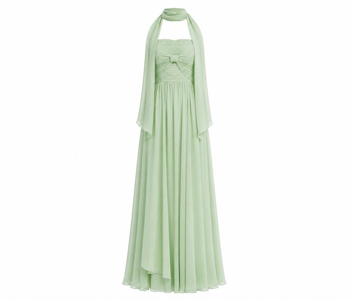 Scarf-Neck Chiffon Evening Gown - Sage
