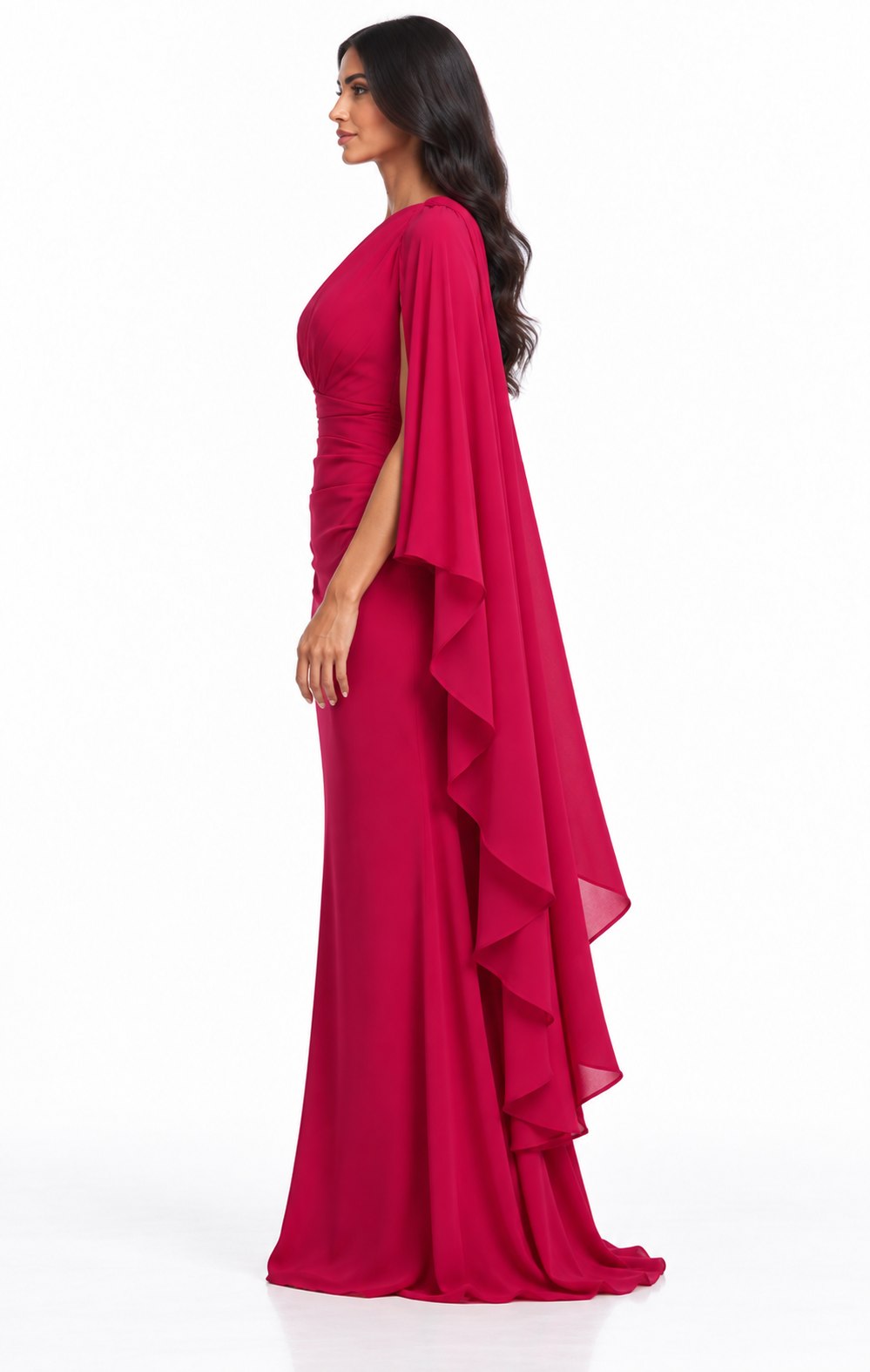 Asymmetric Cape Sleeve Ruched Maxi Dress – Valessa