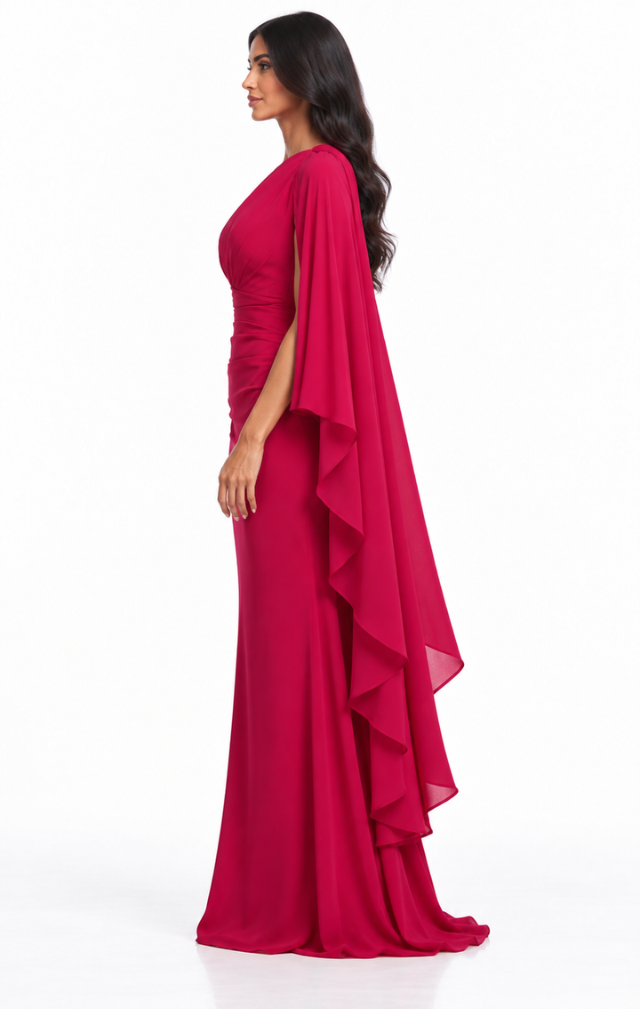 Asymmetric Cape Sleeve Ruched Maxi Dress – Valessa
