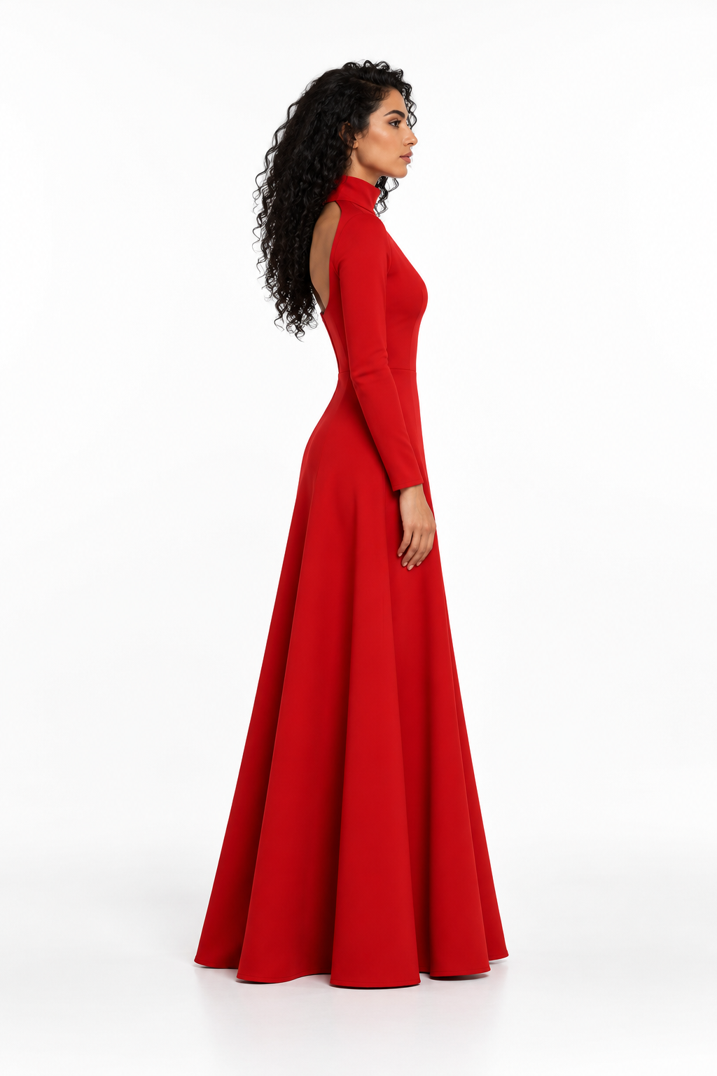 High-Neck Long Sleeve A-Line Evening Gown - Scarlet