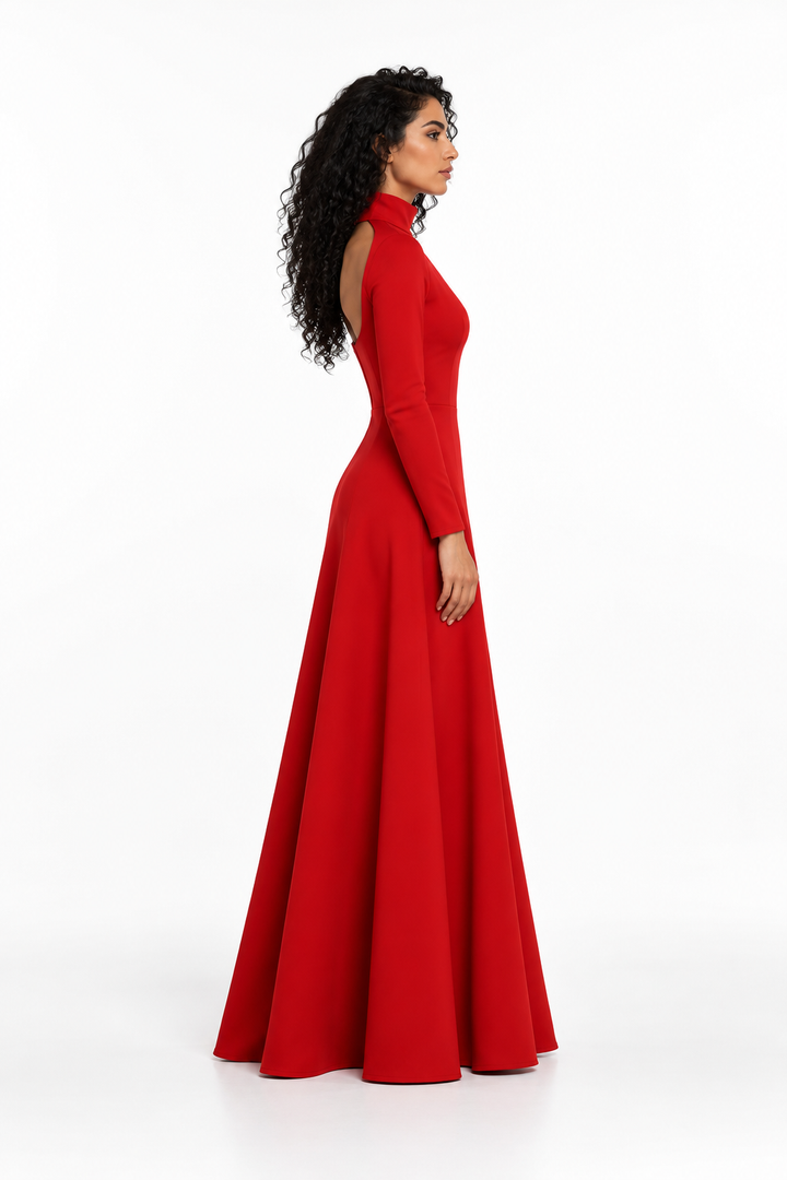 High-Neck Long Sleeve A-Line Evening Gown - Scarlet