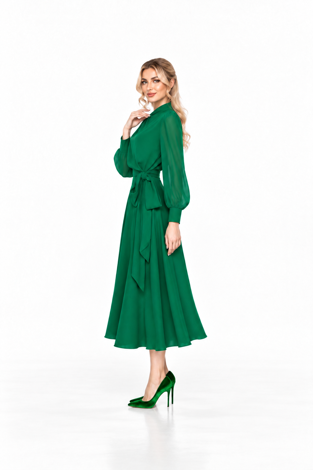 High-Neck Belted Midi Dress - Emeraldine