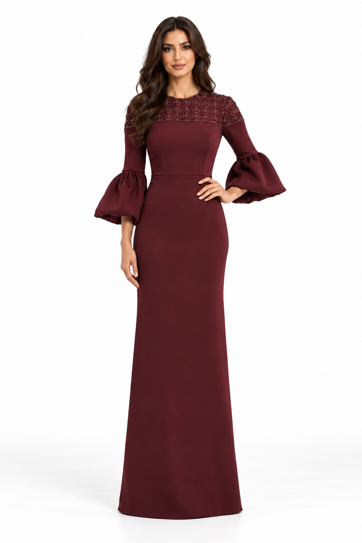 Burgundy Embellished Puff Sleeve Maxi Dress - Bella