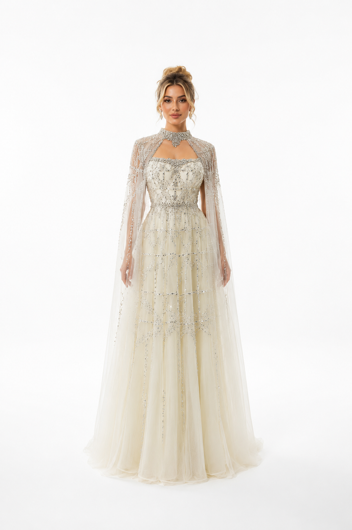 Embellished Cape Evening Gown – SCARLET