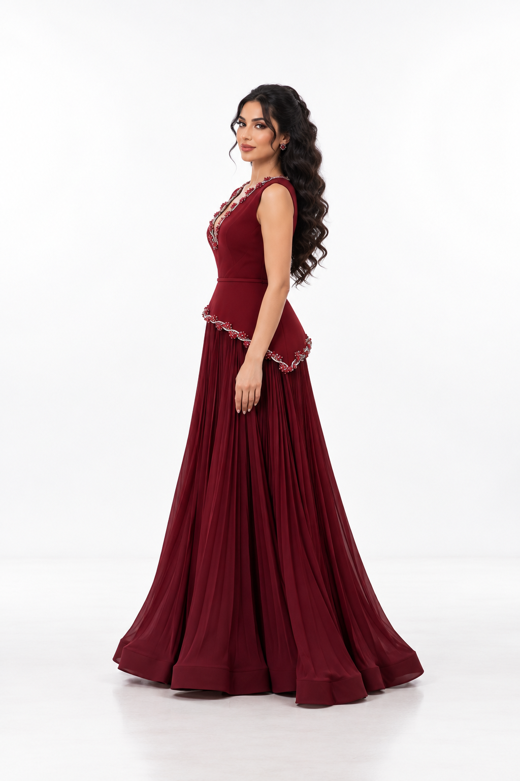 Beaded Peplum Pleated Evening - Carmine