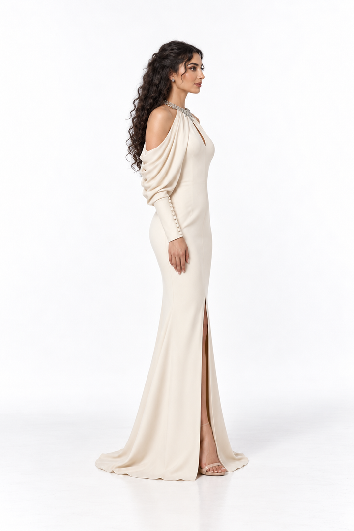 Crystal Halter Draped Sleeve Evening Gown - Elowen