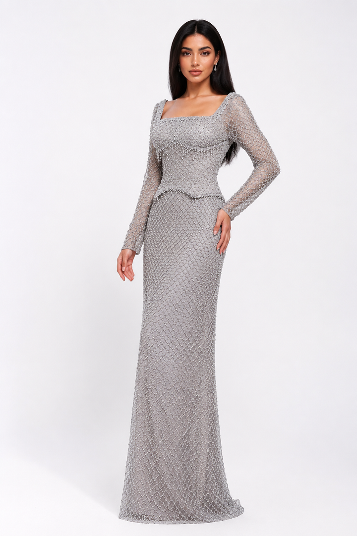 Crystal Beaded Long-Sleeve Gown – CELESTE