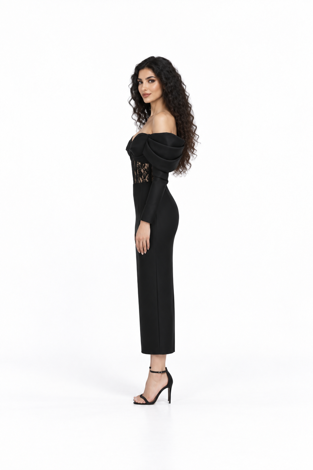 Lace Corset Ruffle Sleeve Midi Dress - Belladonna