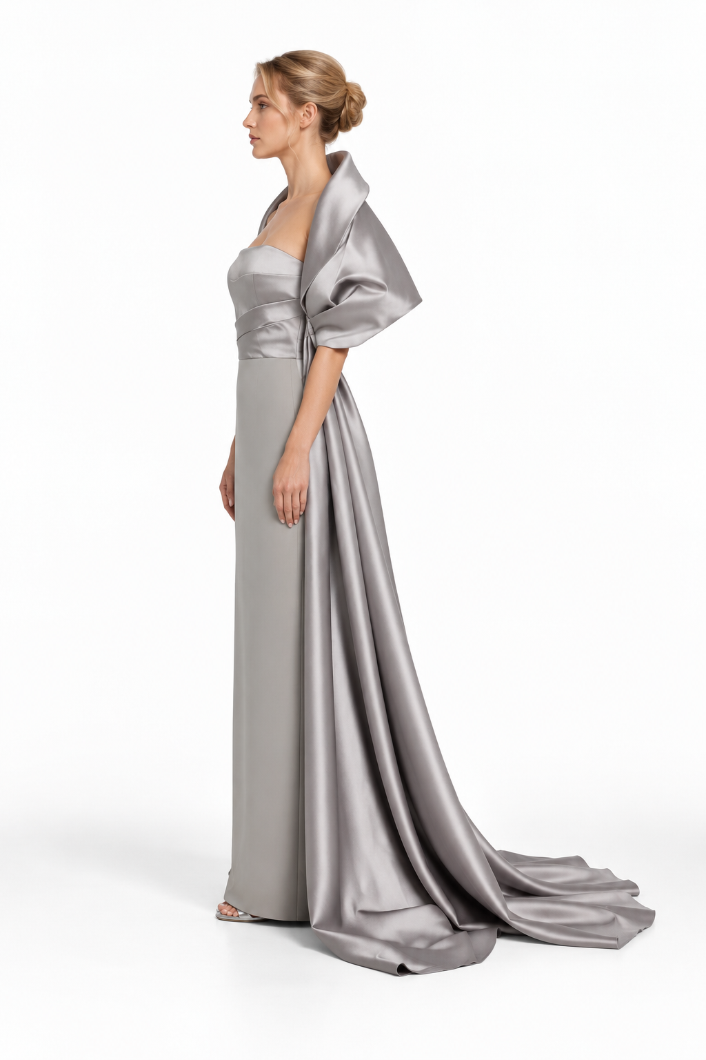 Sculptural Satin Cape Evening Gown - Silvaria