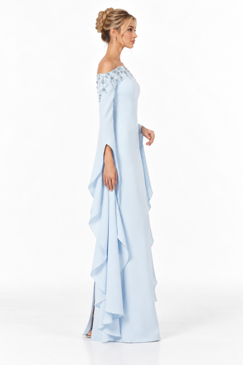 Embellished Off-Shoulder Draped Sleeve Maxi Dress – Skyelle