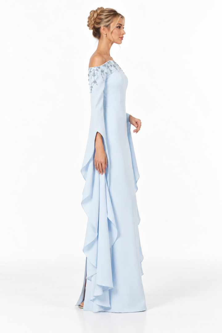 Embellished Off-Shoulder Draped Sleeve Maxi Dress – Skyelle