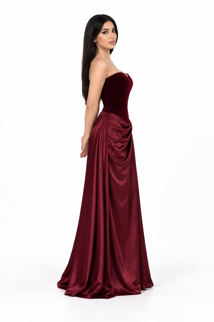 Velvet Draped Strapless Evening - Merlotique