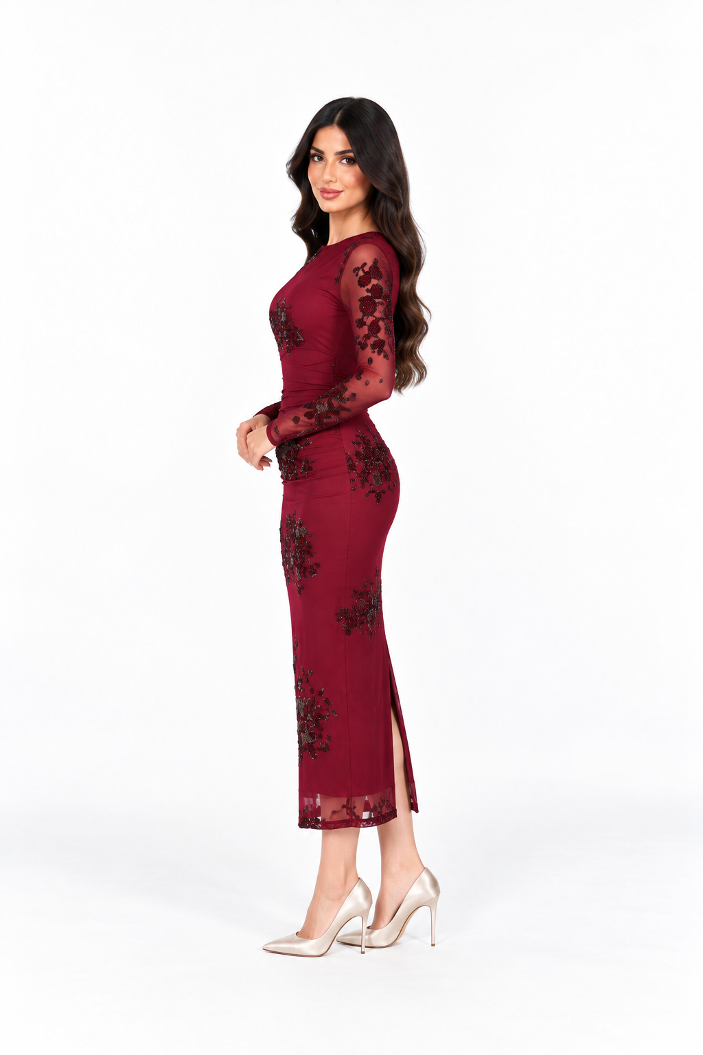 Embroidered Mesh Midi - Garnet