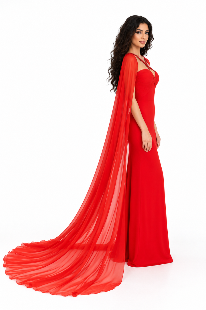 Crystal Strap Cape Evening Gown - Flare