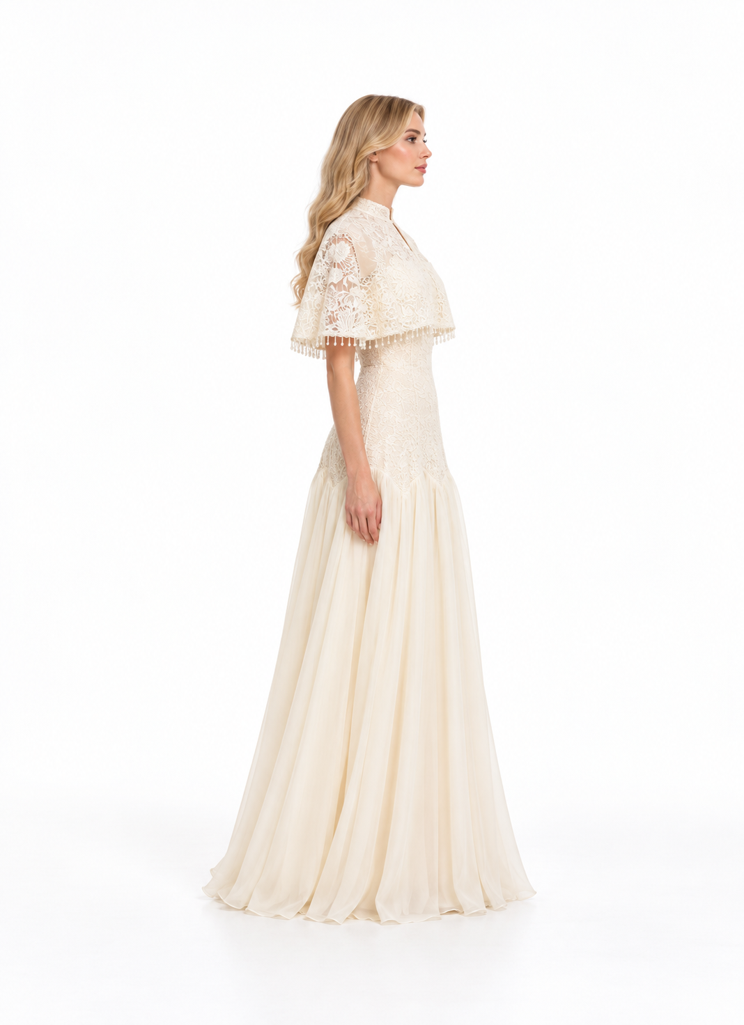 Cape Overlay Embroidered Evening Gown - Elvarine