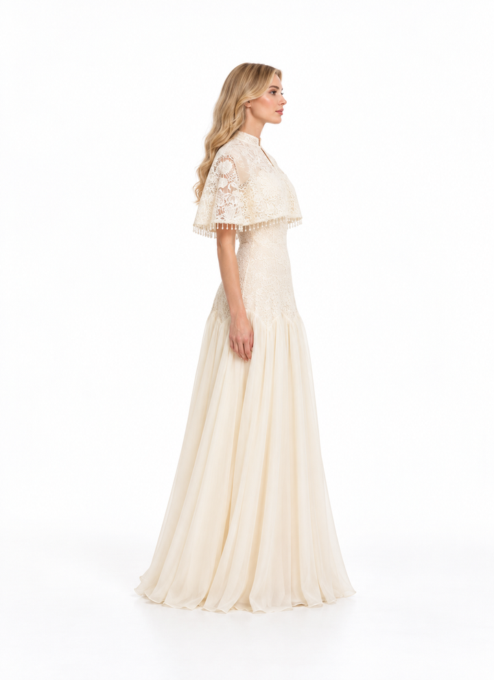 Cape Overlay Embroidered Evening Gown - Elvarine
