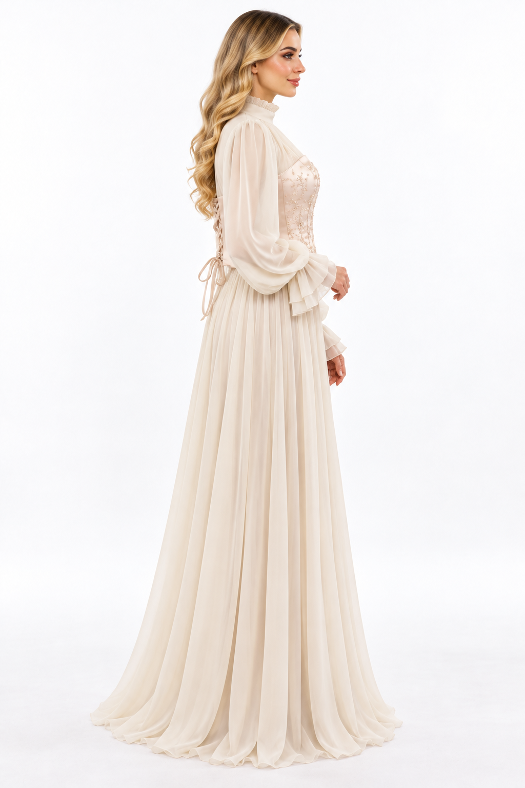 Embroidered Corset Chiffon Dress - Ecru