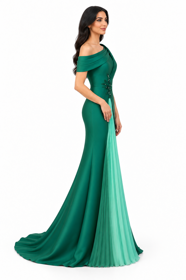 Asymmetric Off-Shoulder Pleated Panel Maxi Dress – Emerelle