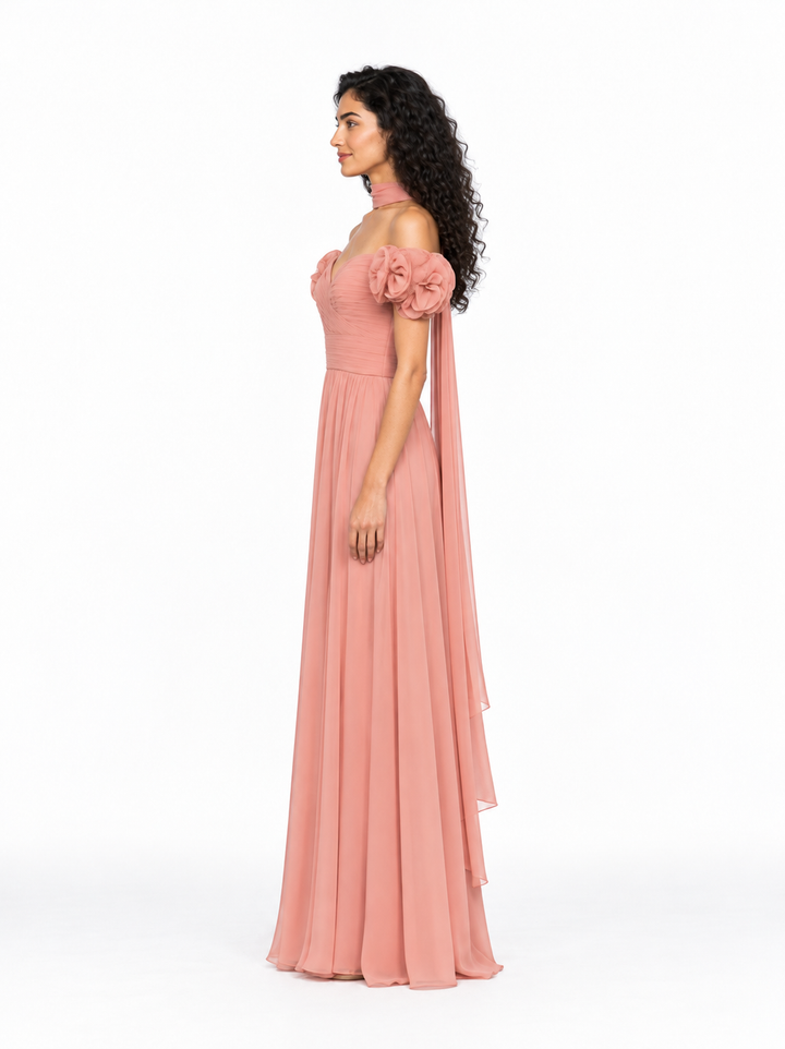 Floral Shoulder Chiffon Evening Gown - Roselune