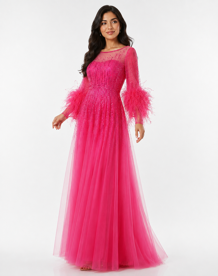 Feather Cuff Sequin Tulle Gown – FUCHSIA