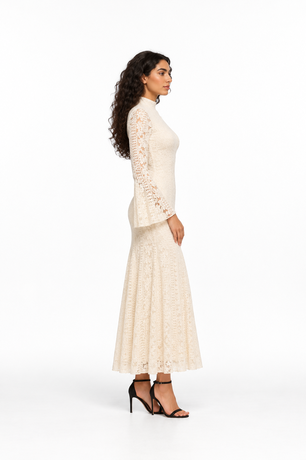 High-Neck Lace Bell Sleeve Midi Dress - Ivorelle