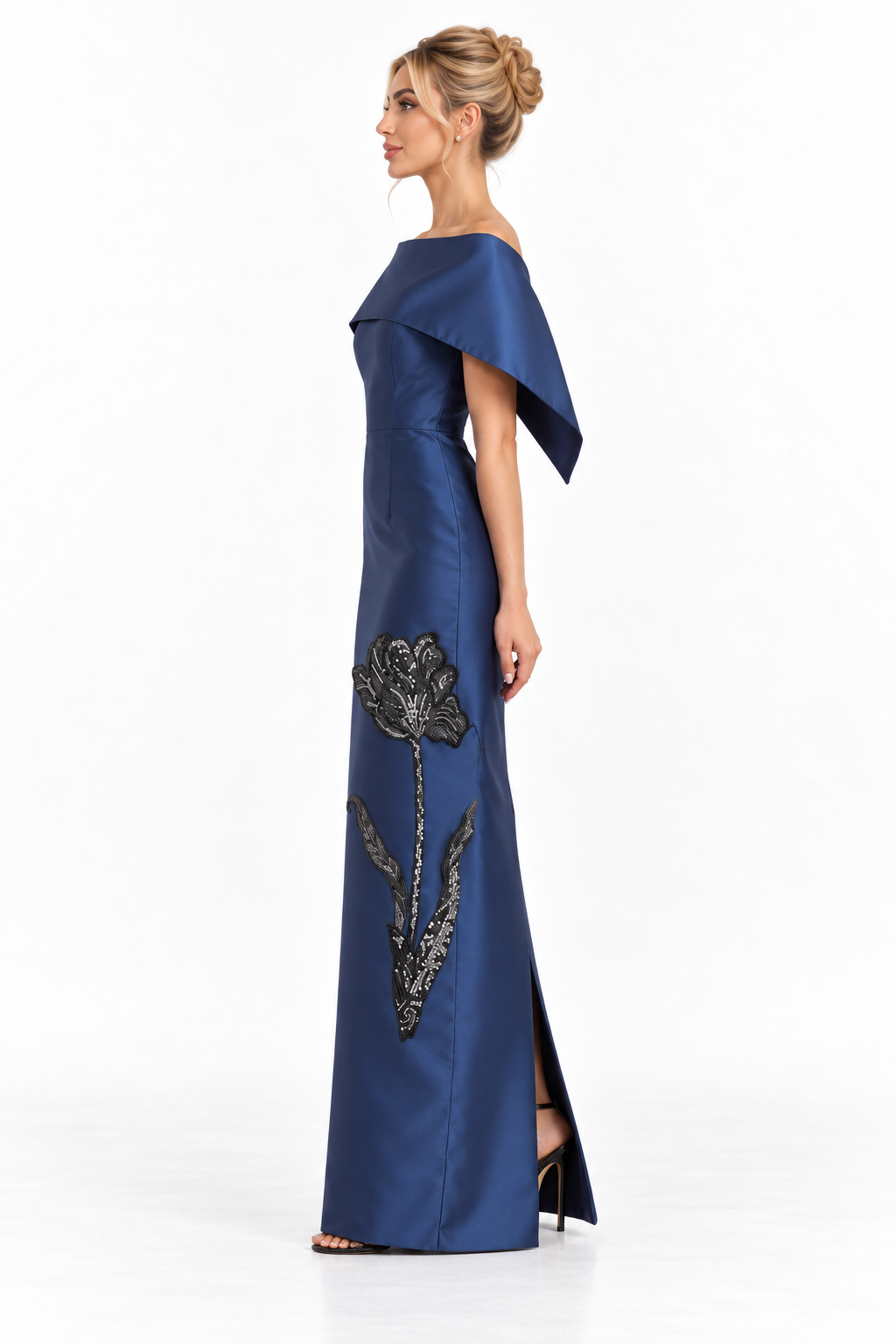 Sculpted Cape Neck Column Maxi Dress – Navelle