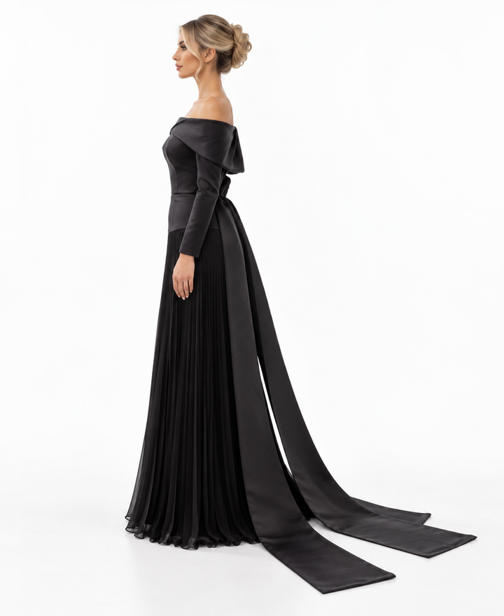 Off-Shoulder Pleated Evening Gown - Noiravelle