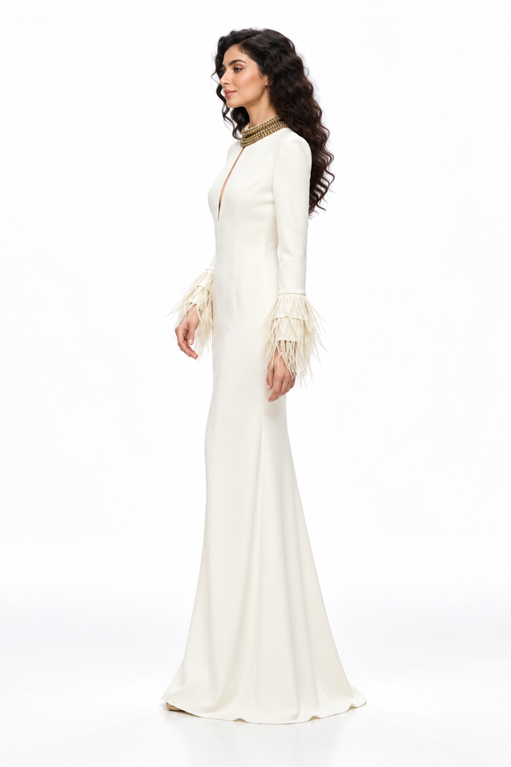 Embellished High-Neck Feather Cuff Evening Gown - Aureline