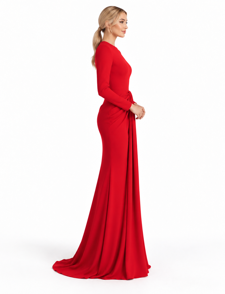 long-sleeve gown with front draped knot – RUBY