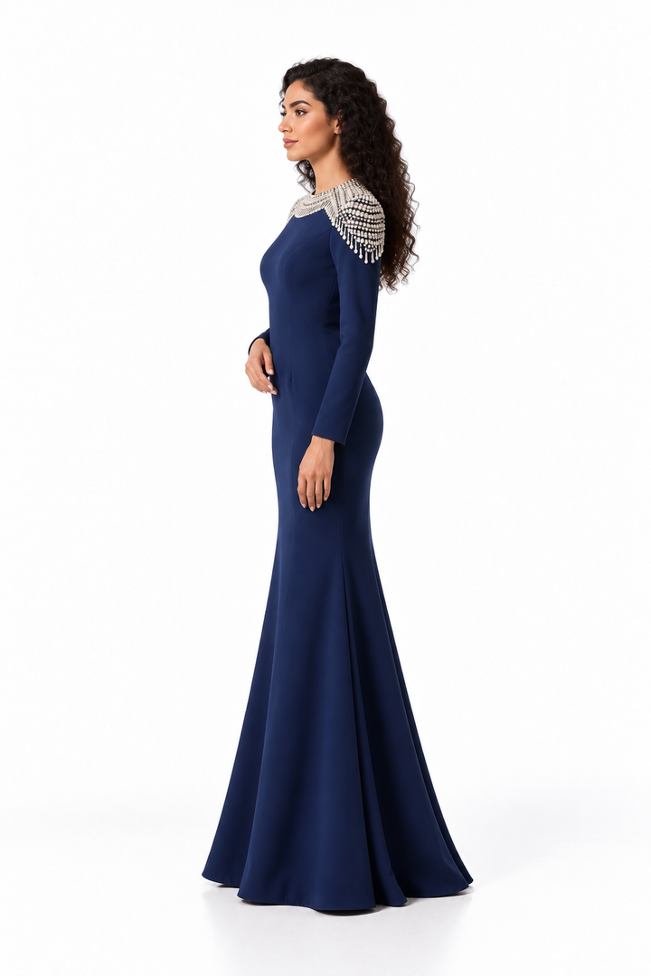 Crystal Fringe Shoulder Long Sleeve Evening Gown - Celestine