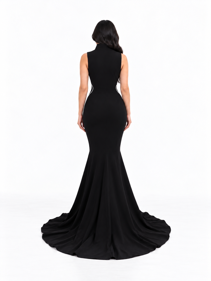 Contrast Piping Mermaid Gown - Onyx