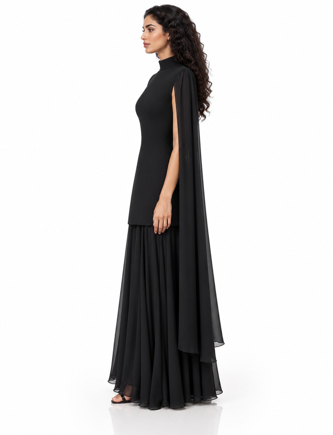 High-Neck Cape Pleated Evening Gown - Noxelle