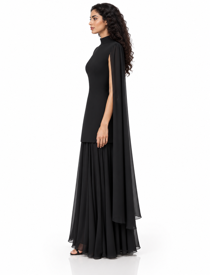 High-Neck Cape Pleated Evening Gown - Noxelle