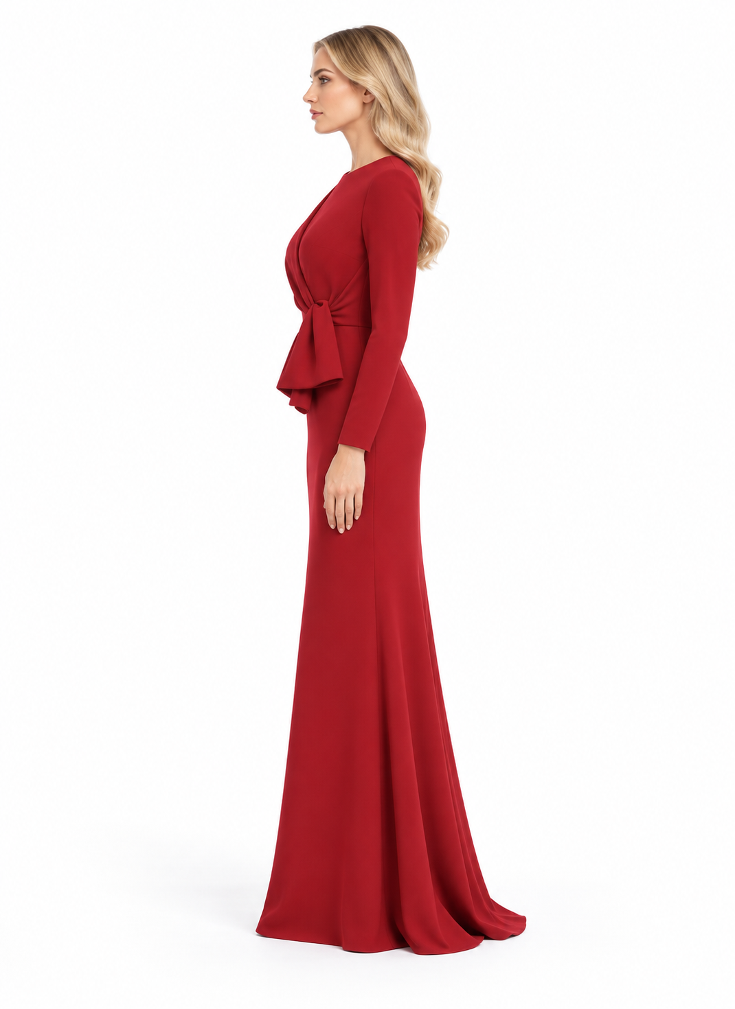 Bow Waist Long Sleeve Evening Gown - Carmellia