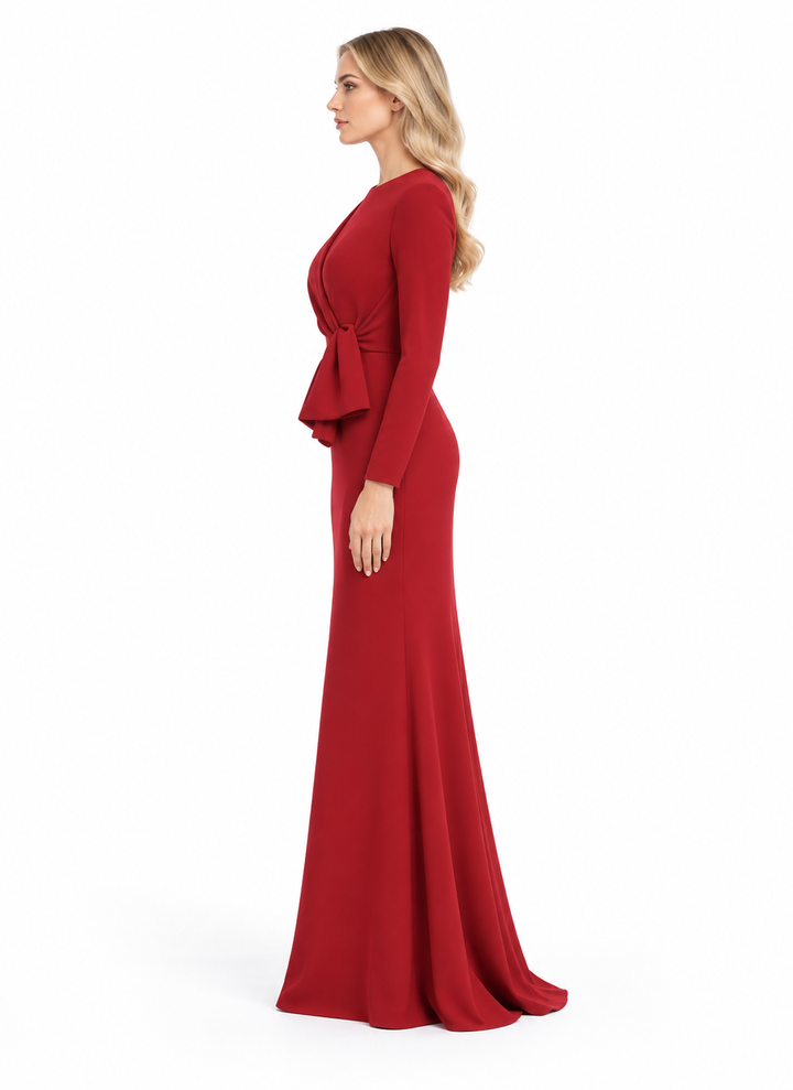 Bow Waist Long Sleeve Evening Gown - Carmellia