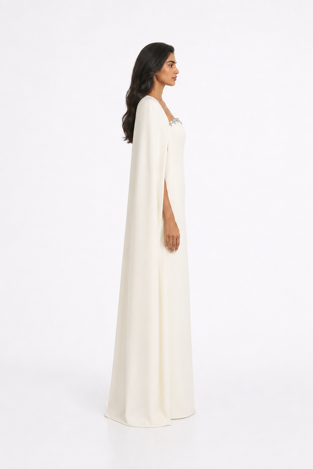 Ivory Crystal Trim Cape Evening Gown – CELESTIA