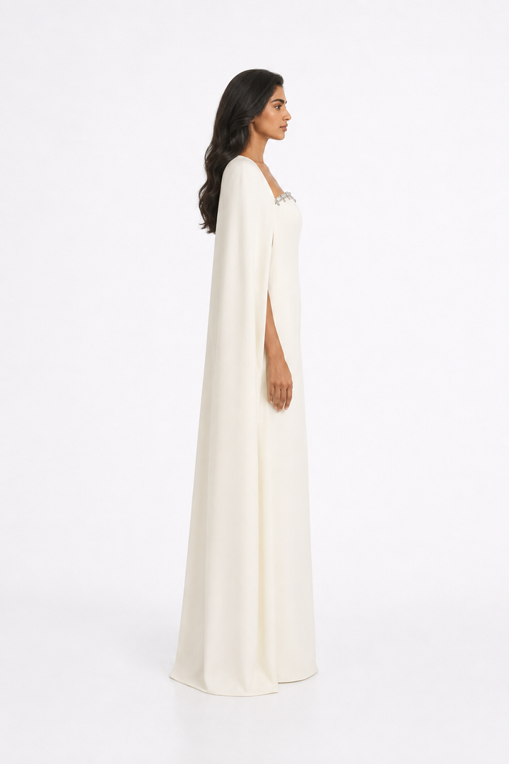 Ivory Crystal Trim Cape Evening Gown – CELESTIA