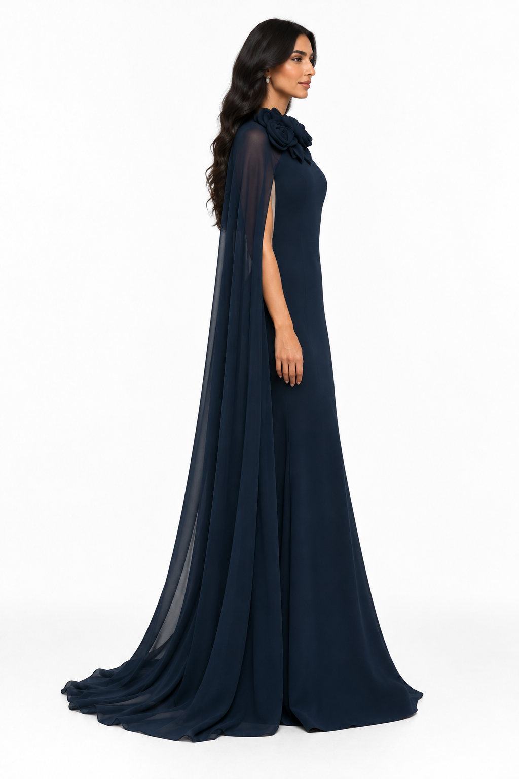 Navy Blue Floral Cape Maxi Dress - Elowen