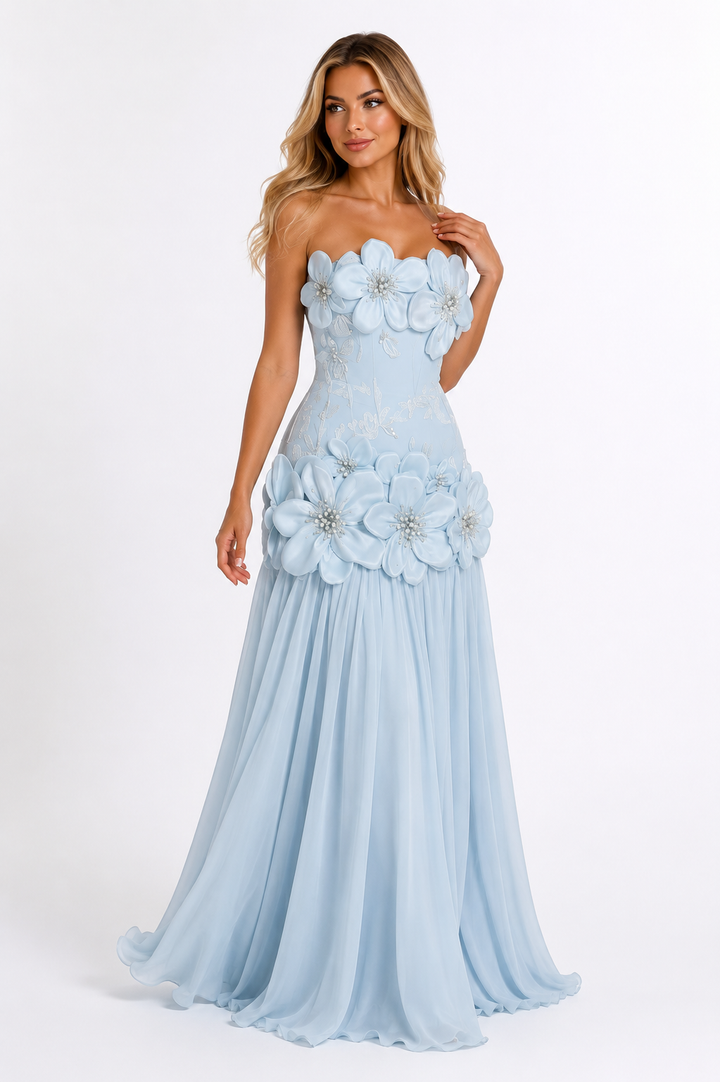 Floral Appliqué Strapless Gown - Ice
